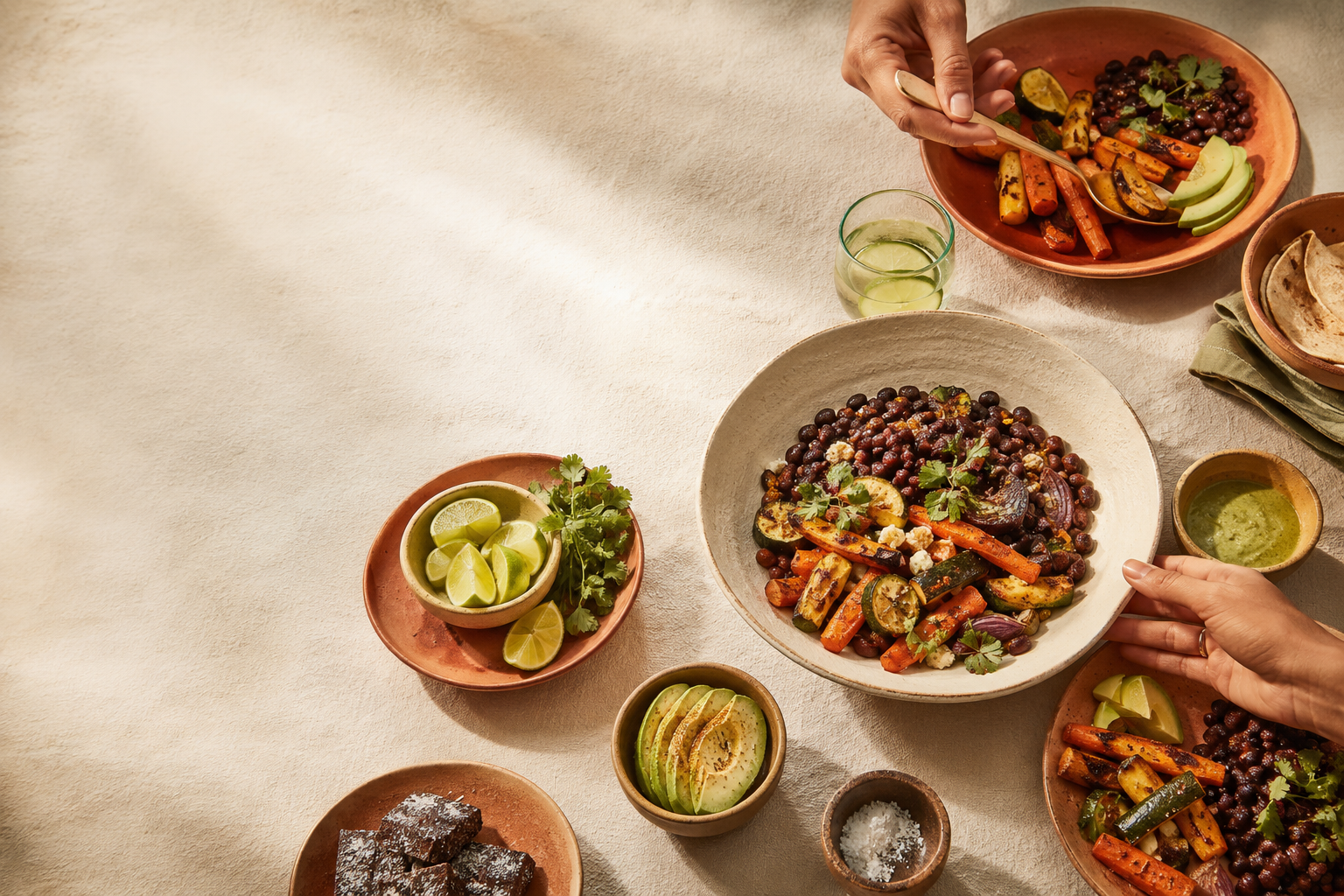 Mesa cálida con una comida equilibrada para compartir